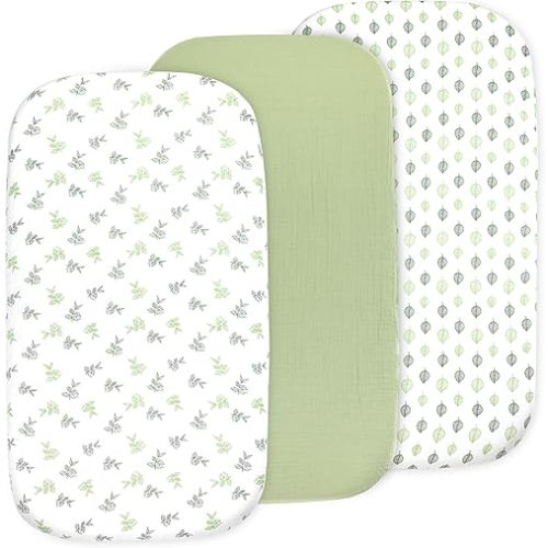 3-Pack Organic Muslin Bassinet Fitted Sheets, Compatible with Halo, Snoo, Graco, Dream On Me, Delta, and Other Standard Size Bassinets - Fits Oval, Hourglass, & Rectangle Shapes (32 x 16 x 4 Inches)