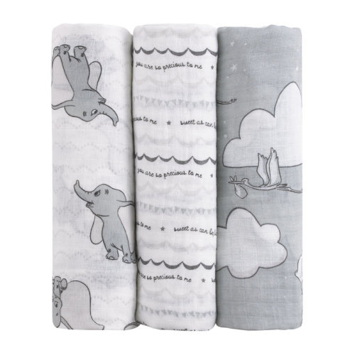 Disney NoJo Disney Dumbo Gray and White 3 Piece Muslin Swaddle Baby Blanket Set | Wayfair