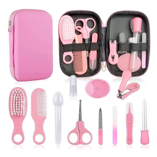 Baby Grooming Kit - Nursery Essentials Baby Registry Shower Gift for Newborns, Infants, Toddlers, Boys, Girls Kids-Safety Baby Comb, Brush, Finger Toothbrush, Nail Clippers, Scissors (Pink 19 in 1)