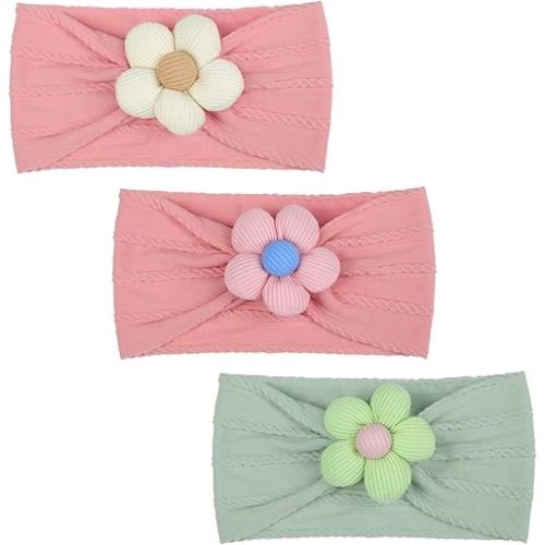 3 Pcs Baby Flower Headbands Baby Girls Nylon Headbands Soft Hairbands Hair Accessories for Newborn Infant Toddler Kids (Rose Pink‌ Green)