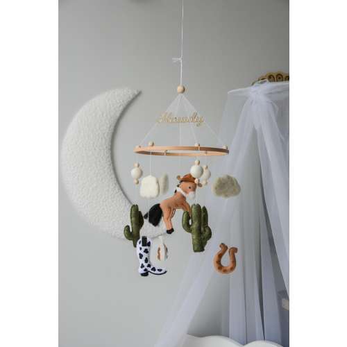 Wild West cowboy ranch themed handmade felt baby mobile, Horse nursery mobile, cowboy boots, cactus, baby shower gift,horseshoe farm nursery
