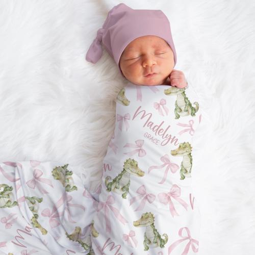 Personalized Crocodile Swaddle Blanket Bow Name Baby Blanket Newborn Baby Girl Coming Home Outfit Hospital Photo Outfit Baby Shower Gift