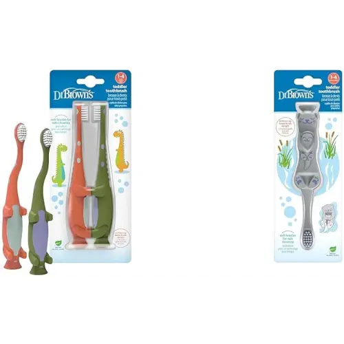 Dr. Brown's Baby and Toddler Toothbrush, Green and Orange Dinosaur 2-Pack and Otter 1-Pack, 1-4 Years
