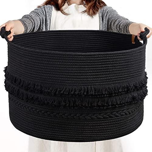 CherryNow Extra Large Black Laundry Basket, Rope Storage Basket for Bathroom, Bedroom, Living room, Entryway, Big Blanket Baskets for Pillows, Toys, Clothes, 22 x 14 inches