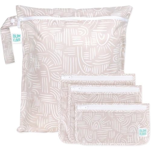 Bumkins - Waterproof Wet Bag & Clear Travel Bags - For Beach, Baby, Travel, Swim Suit, Cloth Diapers, Pump Parts, Pool, Gym, Toiletries - Reusable & Easy to Clean - Boho Beige - 4 Pack
