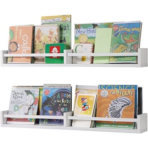 White Nursery Bookshelves Wall Mounted, 32inch,Wood Floating Wall Bookshelf for Kids,Hanging Shelf for Baby Nursery Room Decor,Set of 2,Pine