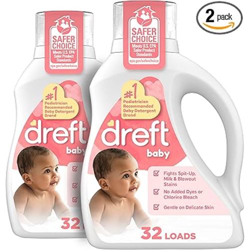 Dreft Baby Liquid Laundry Detergent, Gentle on Sensitive Skin Laundry Soap, 42 fl oz, 32 Loads, Pack of 2 (Packaging May Vary)