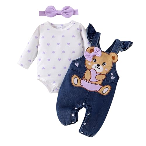 TOKIAGO Baby Girl Clothes Outfits Fall Winter Cute Love Romper Bear Cartoon Overalls Jeans Pants Headband Set 0-18 Months