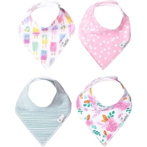 Copper Pearl Baby Bandana Bibs - 4 Pack Soft Cotton Baby Bibs for Drooling and Teething, Absorbent Drool Bibs for Baby Girl, Adjustable to Fit Newborns to Toddlers, Tons of Styles (Summer Set)