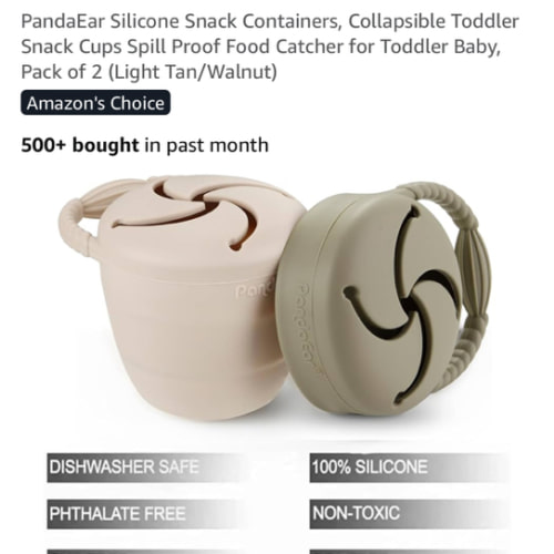 PandaEar Silicone Snack Containers, Collapsible Toddler Snack Cups Spill Proof Food Catcher for Toddler Baby, Pack of 2 (Light Tan/Walnut)