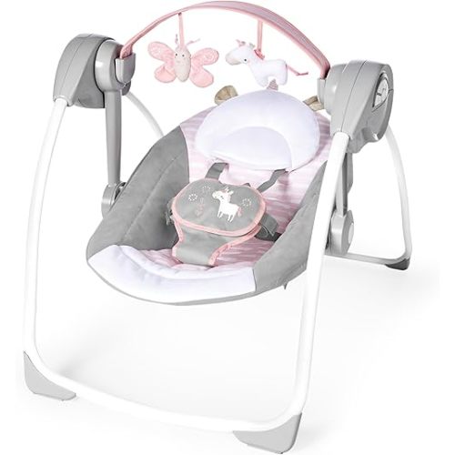 Ingenuity Comfort 2 Go Compact Portable 6-Speed Cushioned Baby Swing with Music, Folds Easy, 0-9 Months 6-20 lbs (Pink Flora the Unicorn)