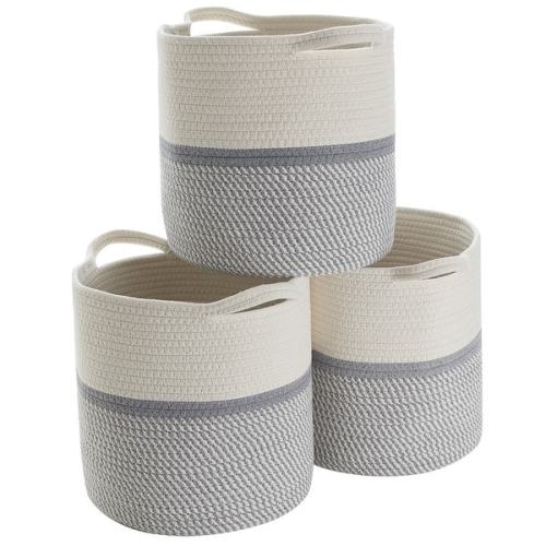 3 Pack Woven Cotton Rope Shelf Storage Basket with Handles - White/Gray - 11" x 11" x 11"