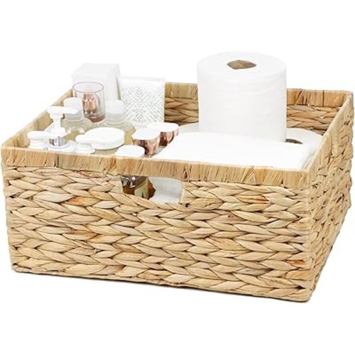 Jumbo Wicker Basket, Rectangular Wicker Baskets for Storage, Water Hyacinth Extra Large Storage Baskets, Shelf Basket with Built-in Handles-1 Pack