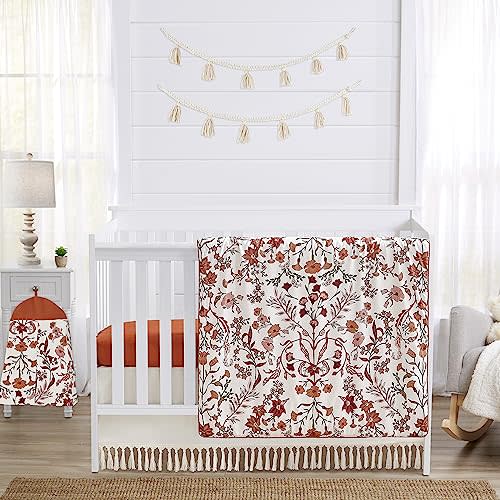 Sweet Jojo Designs Ivory and Orange Boho Vintage Floral Girl Baby Crib Bedding Set Infant Nursery Room Blanket Fitted Sheet Skirt Diaper Stacker 4p Bohemian Rust Daisy Botanical Green Fringe Tassel