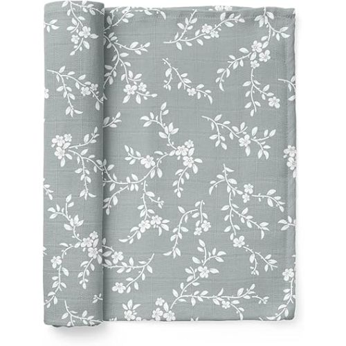 Muslin Swaddle Blanket – Bloom (Blue) Floral Baby Blanket Wrap Cute Infant Newborn Essential Cotton Swaddle, Trendy Receiving Blankets, Great Shower Gift for Girls
