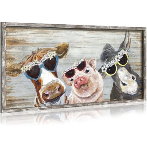 Farmhouse Animals Framed Wooden Artwork: Farm Wall Art Print Modern Funny Cute Pig Cow Donkey with Sunglasses Diamond Floral Crown Picture for Nursery Kitchen Bathroom Bedroom