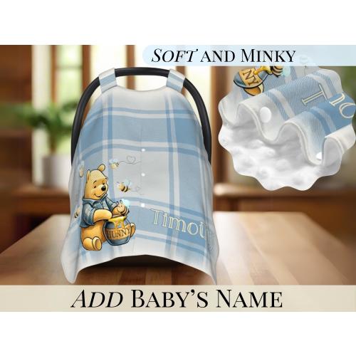 Winnie the Pooh Car Seat Cover Personalized Baby Seat Canopy Soft Dot Blanket Design Custom Baby Name Boy Gift Baby Shower Gift New Mom Idea