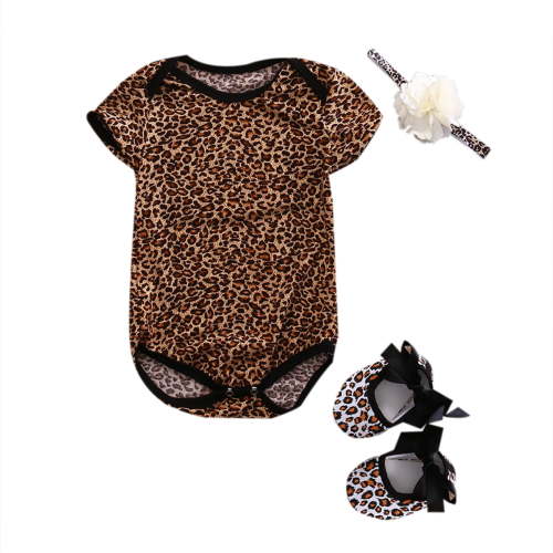 Qtinghua 3Pcs Newborn Baby Girls Clothes Short Sleeve Romper Leopard Floral Jumpsuit Bodysuit+Shoes+Headband Set Brown 0-3 Months