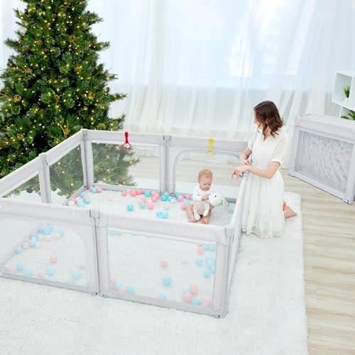 Dora dotey Light Grey Playpen for Babies and Toddlers, Foldable & Adjustable, 71x59x27 inches