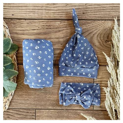 Swaddle wrap- Swaddle set- Newborn- Baby blanket- Baby swaddle- Baby girl swaddle - knot hat- Newborn photography - blue - floral