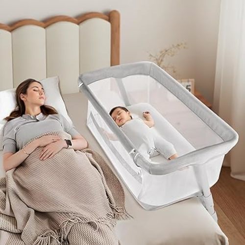 Cowiewie Bassinet Bedside Sleeper,Baby Bassinet Slides Over Bed,5-Height Adjustment & Breathable All-Mesh Wall Bedside Bassinet for Baby,Space-Saving Bedside Crib, Height(37.4-41.3"), Light Grey