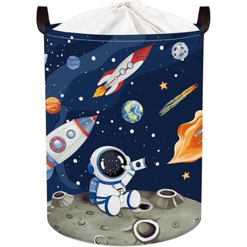 Space Rockets Baby Laundry Hamper Collapsible Clothes Kids Storage Basket Astronaut Large Boys Gift Toy Box Bin for Nursery Room, Blue, 63L
