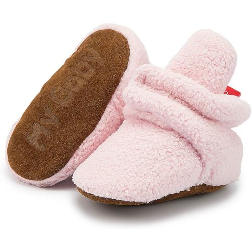HsdsBebe Unisex Newborn Baby Cotton Booties Non-Slip Sole for Toddler Boys Girls Infant Winter Warm Fleece Cozy Socks Shoes(Z124 pink,1)