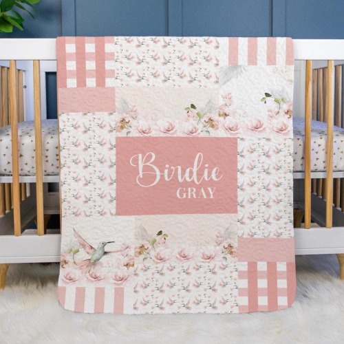 Girl Hummingbird Baby Quilt, Personalized Baby Hummingbird Quilt, Optional Bundle with Sign, Floral Bird Quilted Blanket, G41