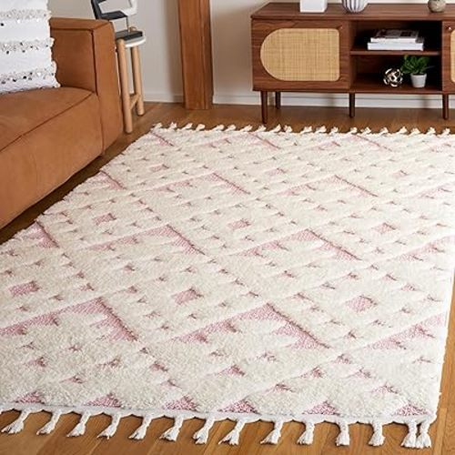 Safavieh Moroccan Tassel Shag Collection Area Rug - 5'3" x 7'6", Ivory & Pink, Contemporary Design, Ideal for High Traffic Areas in Living Room, Bedroom & Dining Room (MTS688U-5)