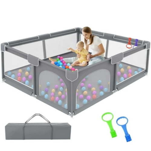 Ucradle Baby Playpen for Babies and Toddlers, 59x59x27" Large Baby Playard, Infant Activity Center with Gate, Anti-Slip Base and Soft Breathable Mesh, Gray
