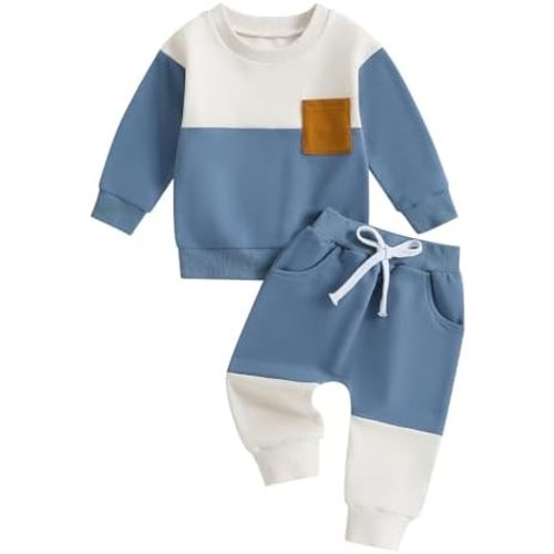 Kupretty Toddler Baby Boy Fall Winter Clothes Color Block Long Sleeve Sweatshirt Pullover Tops + Joggers Pants Outfit Set