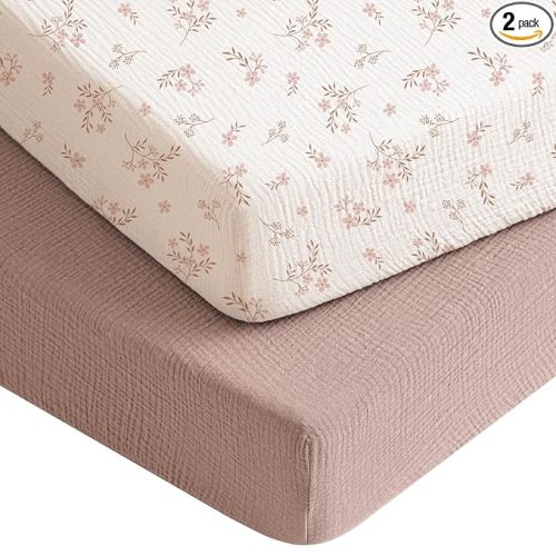Konssy Muslin Crib Sheets for Boys, Soft Cotton Neutral Baby Sheets for Standard Crib Mattress 2 Pack, 52"x28" (Soft Blooms,Taupe)