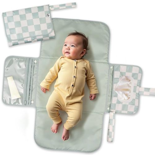 Tiny Twinkle Portable Diaper Changing Pad-Foldable Waterproof Changing Mat&Portable Changing Pad for Travel,Baby Changing Station with Smart Wipes Pocket&Storage (Sage Checkers)