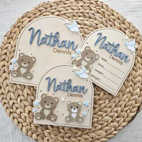 Teddy Baby Name Sign | Teddy Bear Themed Newborn Birth Announcement Name Plaque | Arch Baby Arrival Hospital Sign | Newborn Footprint Plaque