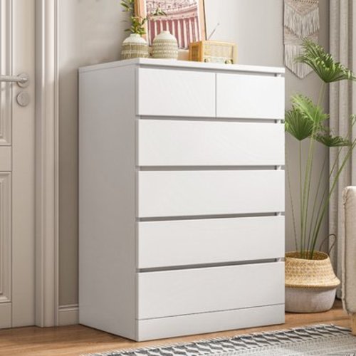 Fogcroll Dresser Bedroom Dresser and Chests of Drawers Tall Dresser with 6 Wood Drawers Large Wood Dresser for Bedroom Closet - White