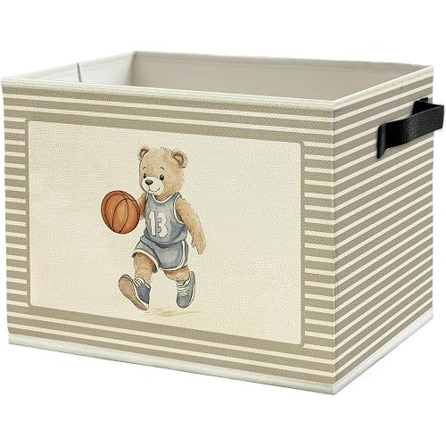 Basketball Bear Nursery Storage Bins Box with Handles, Basketball Player Bear Sports Nursery Collapsible Basket Organizer for Kids Boys Room Bedroom Playroom Bathroom Books Clothes
