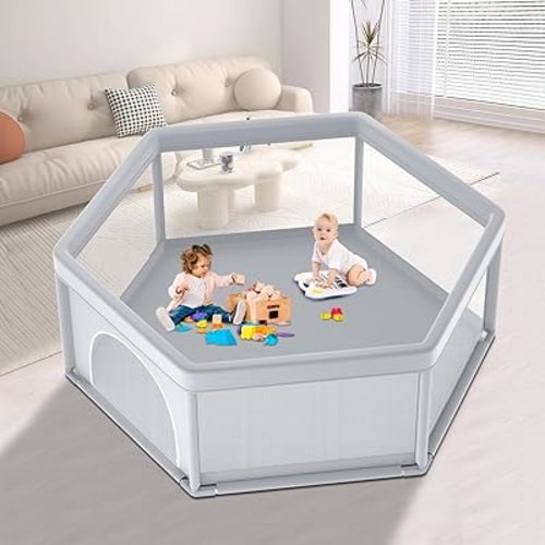 65x65 Inch Hexagonal Baby playpen, Playpen for Babies and Toddlers, Baby Playard for Indoor & Outdoor Active Center Game Fence, with Skin-Friendly Fabric and Soft Breathable Mesh Grey