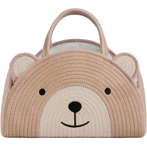 Lmbabter Baby Diaper Caddy Cotton Rope Diaper Organizer Basket Rainbow Theme Nursery Storage Bin Daypack Car Travel (Khaki Bear)