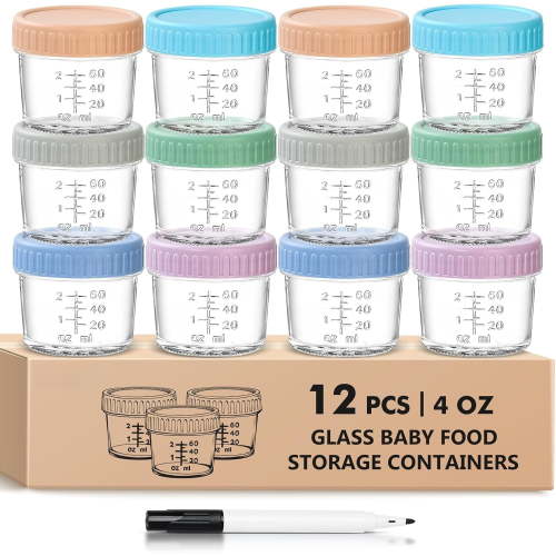 12 Pack Glass Baby Food Storage Containers - 4 Oz Baby Food Jars with Lids Baby Food Maker Microwave Dishwasher Freezer Safe 100% Leak Proof Reusable