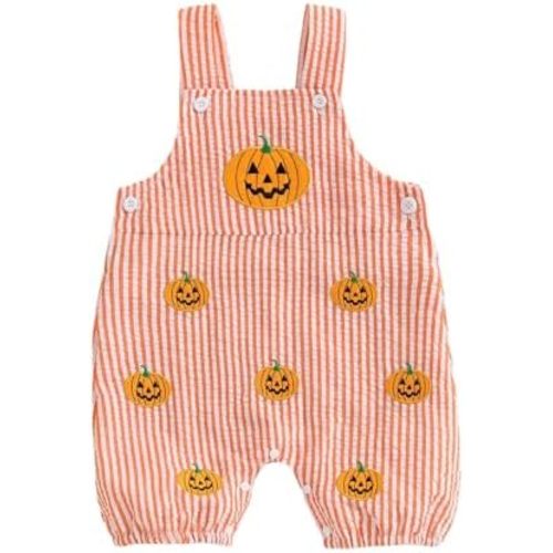 Newborn Baby Boy Girl Halloween Outfit Skull/Bat/Pumpkin Romper Bib Overalls Suspender Striped Jumpsuit Clothes