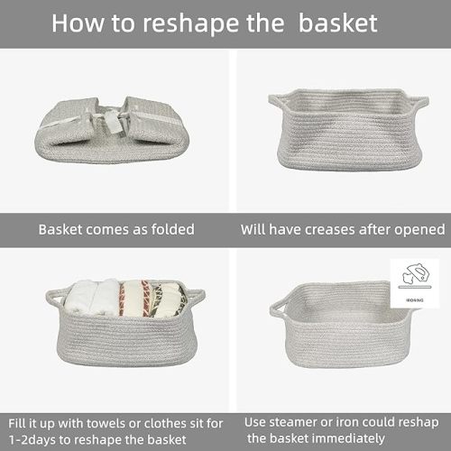 Woven Cotton Rope Storage Basket with Handles for Organizing Shelves Closet Small Cat Dog Pet Toy Basket Box Bin Decorative Rectangle Baby Nursery basket Gift basket Empty(light grey)