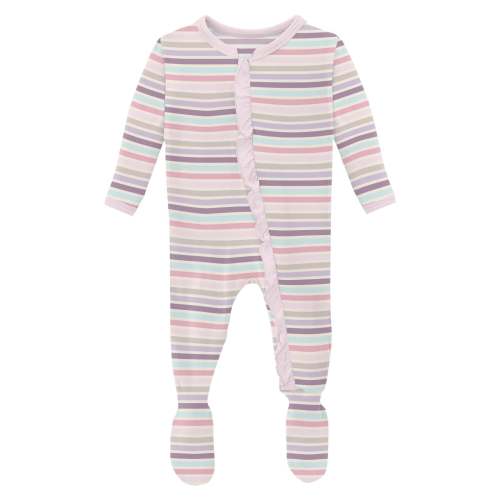 Print Layette Ruffle Footie with 2 Way Zipper in Ice Cream Stripe