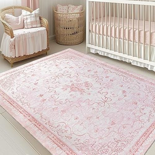 Pink Rug for Bedroom Girl Nursey 5x7 - Bow Dorm Rug for College,Cute Coquette Teen Room Decor Aesthetic Washable Vintage Cottage Core Area Rugs for Kids Playroom Toddler Baby