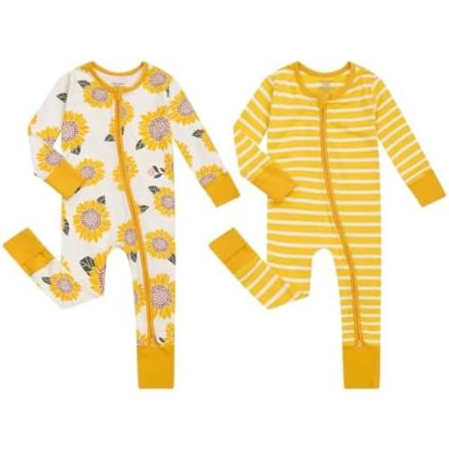 Teach Leanbh Unisex Baby 2 Pack Cotton Pajamas with Mittens and Feet Cuffs 2 Way Zipper Long Sleeve Romper Sleep and Play
