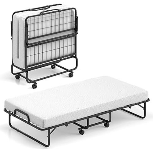Giantex Folding Bed with Mattress for Adults, Twin Size Rollaway Beds for Guest, Space Saving Portable Foldable Bed w/Memory Foam Mattress & Metal Frame for Easy Storage, 75"x 38"