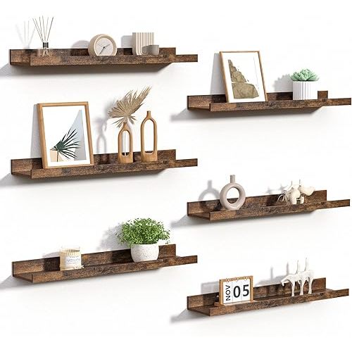 upsimples Floating Shelves for Wall, Wall Shelves for Decor Storage Set of 6, Wall Mounted Wood Shelves for Bedroom, Living Room, Bathroom, Kitchen, 23.6 inch Long Picture Ledge Shelves, Brown