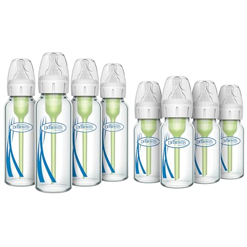Dr. Brown’s Anti-Colic Narrow Glass Baby Bottles 8 oz 4-Pack + 4 oz 4-Pack with Level 1 Slow Flow Nipples Bundle, BPA Free, 0m+, Clinically Proven to Reduce Colic and Aid Digestion