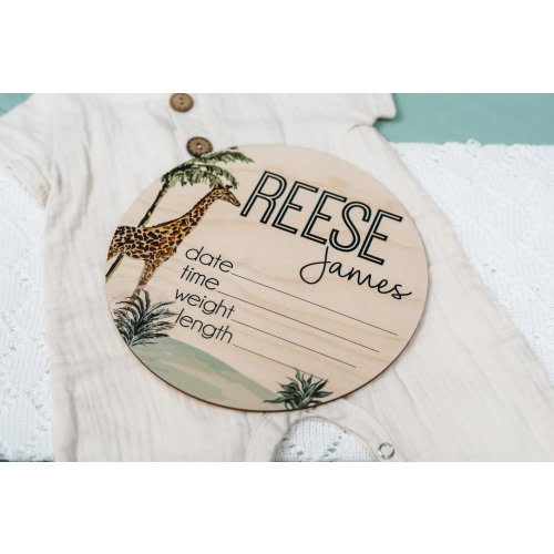 Baby Birth Stat Sign | Personalized Birth Announcement Sign | Gift for New Mom | Name Announcement | Safari Theme | Jungle Animals | Giraffe
