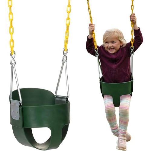 Bucket Swing for Toddlers Age 1-3, Heavy-Duty High Back Full Bucket Toddler Swing Seat | Coated Chains Fully Assembled | Green Swing Set Accessory