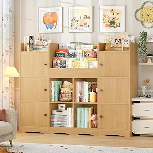 FINETONES Toy Shelf and Toy Storage, 55" Large Kids Bookshelf Toy Organizers and Storage with 10 Cubbies and 4 Tier Shelf, Toy Organizer and Chest with Raised-Edge Top Shelf for Playroom, Natural